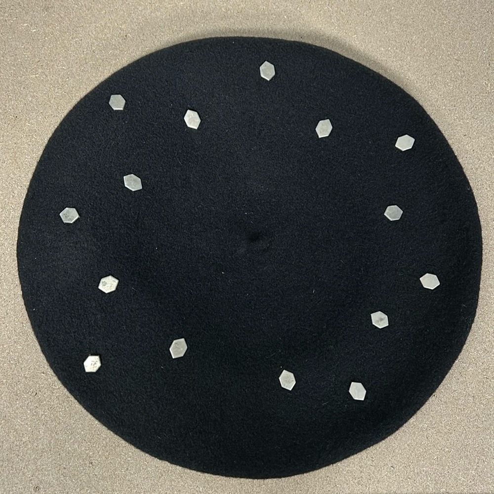Vintage French Made Black Wool Studded Beret- excellent condition